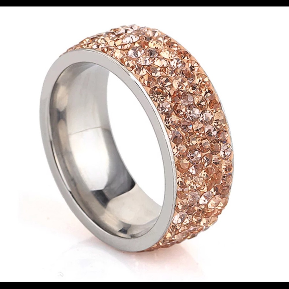 Stainless Steel Champagne Crystal Ring Size 7-12